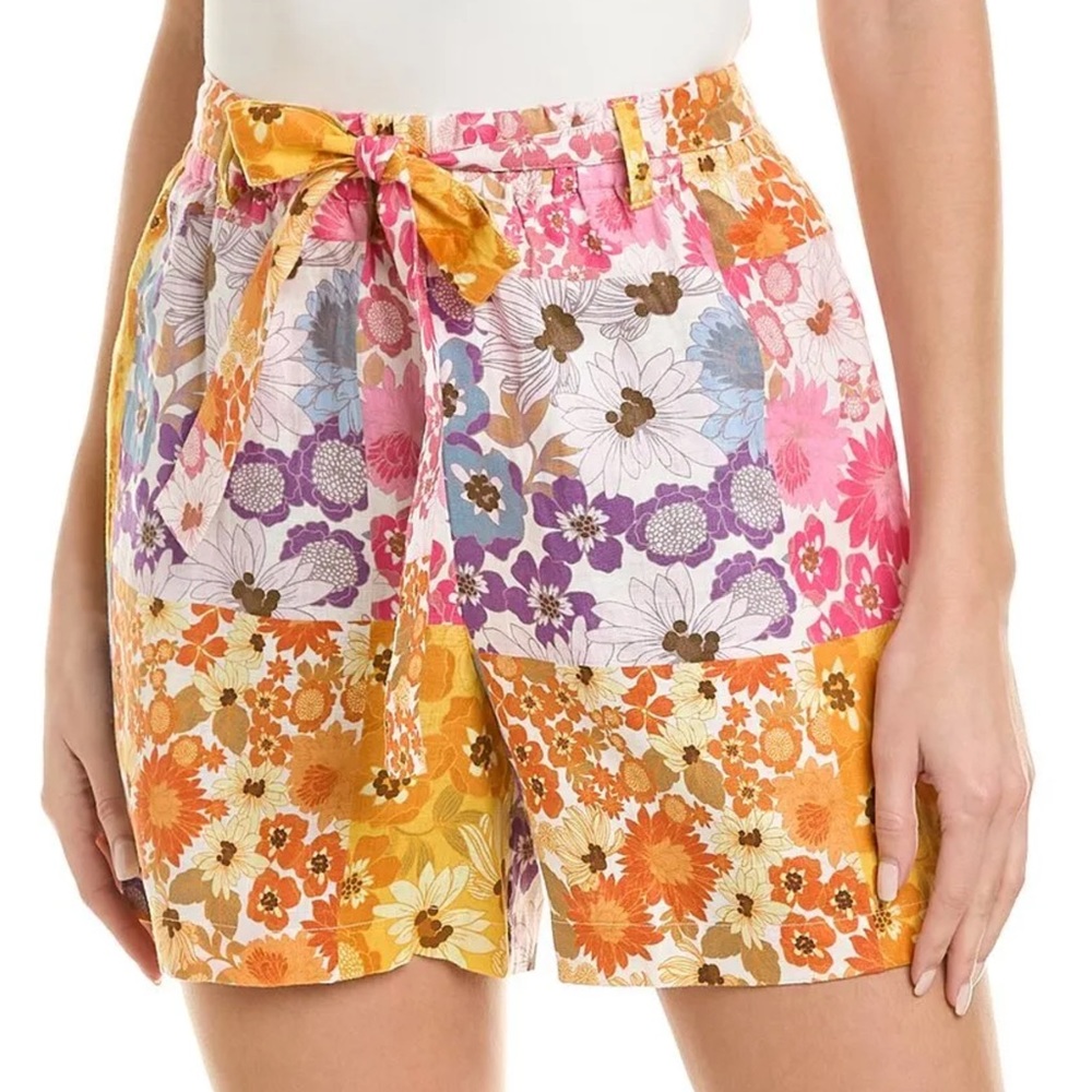 NWT Johnny Was Sherrie Linen Floral Patchwork Shorts tie belt